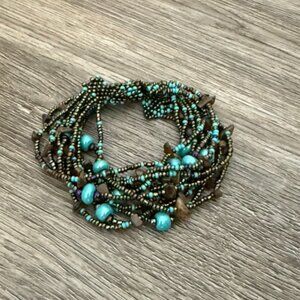 Turquoise Brown Multi-Strand Beaded Cuff Bracelet | Magnetic Clasp | One Size